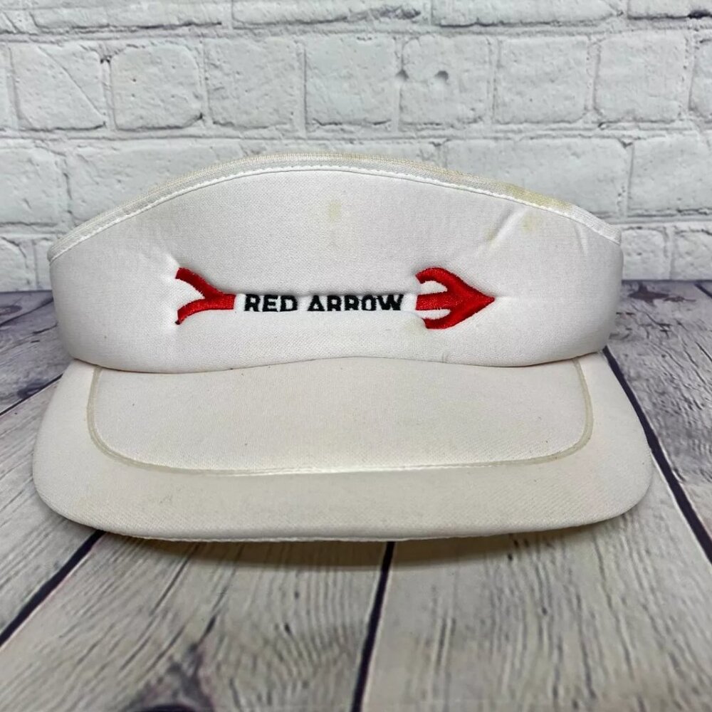 Vintage Red Arrow Golf Visor Hat Cap Snapback Embroidered Logo White - Stains